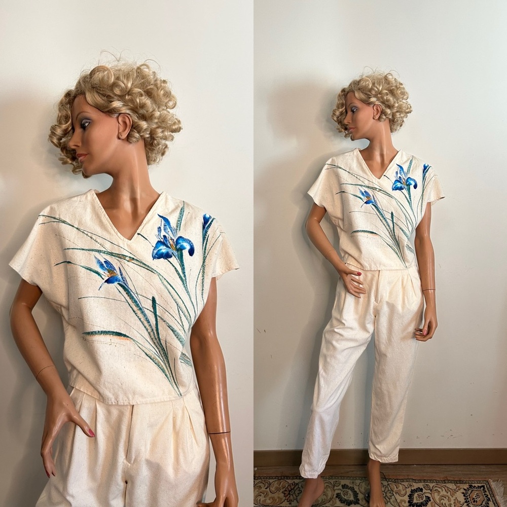 1980s Hand Painted Two Piece Set – Natural Cotton Top & High Waist Pants (S/M)